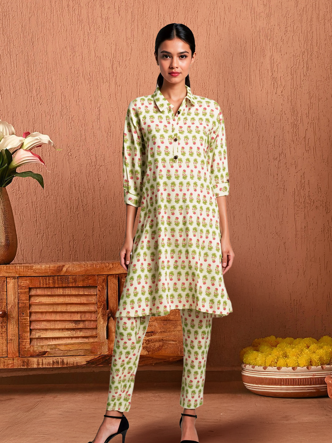 Picture of Fresh and Elegant Botanical Printed Collar Kurta with Palazzo Set